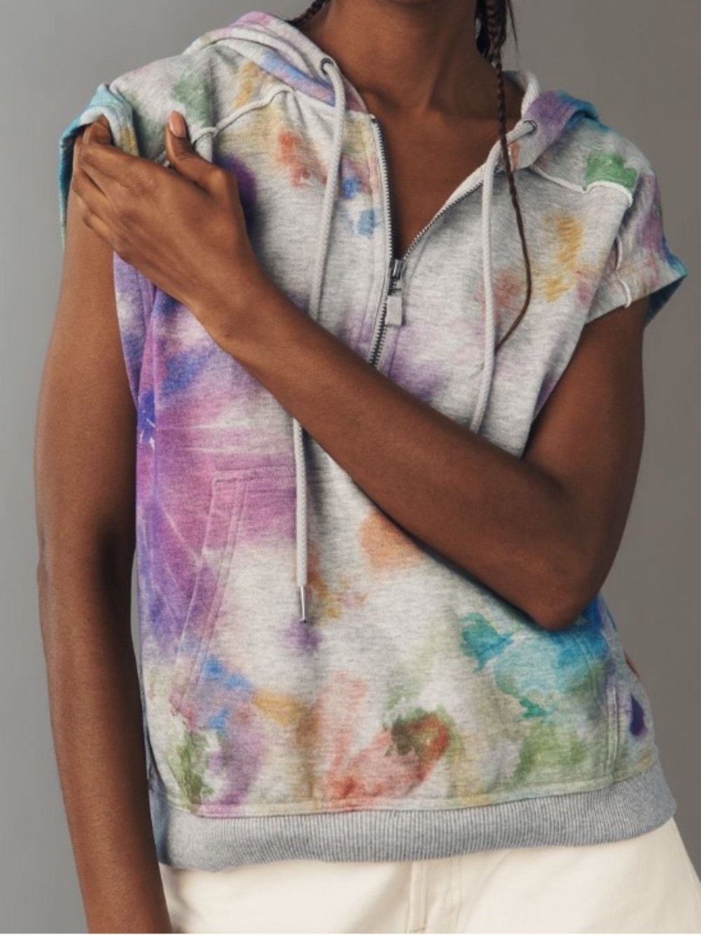 Pilcro Sleeveless Tie-Dye Half-Zip Hoodie in Pastel Multicolor - Picture 2 of 4